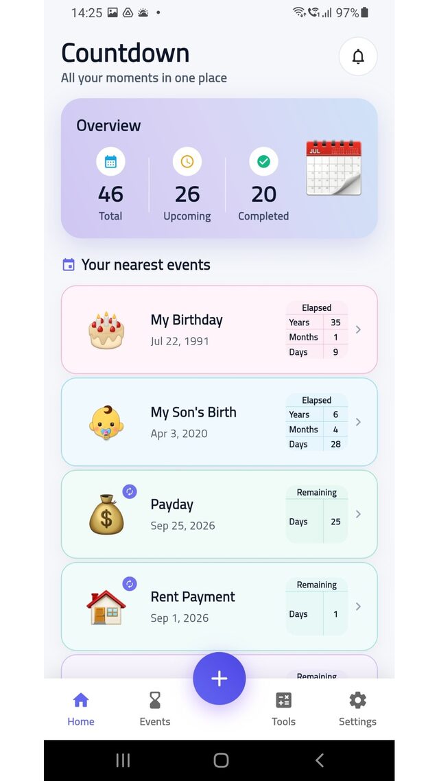 Countdown Keeper home screen with event counters